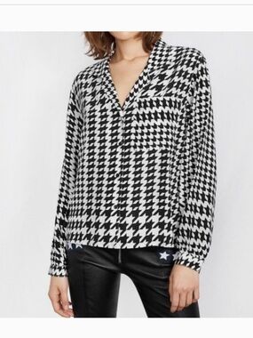 Anine Bing Lilah Silk Blouse Woman Small Houndstooth Boxy Office Retro Luxury